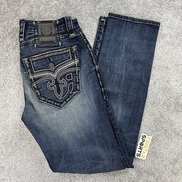 Rock Revival Jeans Mens 32x33 Blue Kirk Side Alt Straight Distressed Stitch - Picture 1 of 15